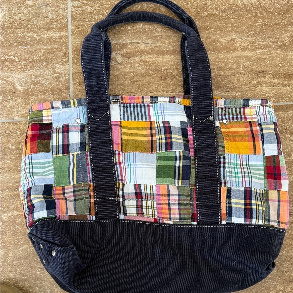 J. Crew Multicolor Madras Patchwork Tote with Nav… - image 1